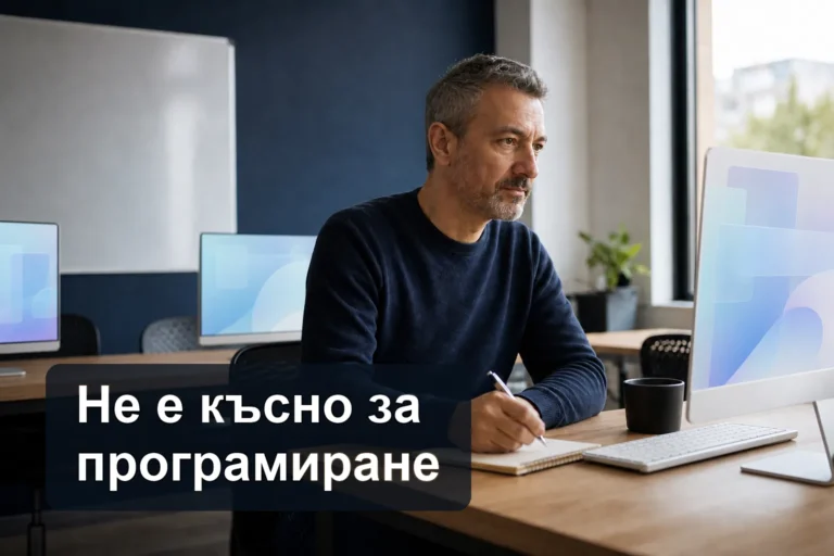 Възрастен курсист учи програмиране пред светли футуристични монитори