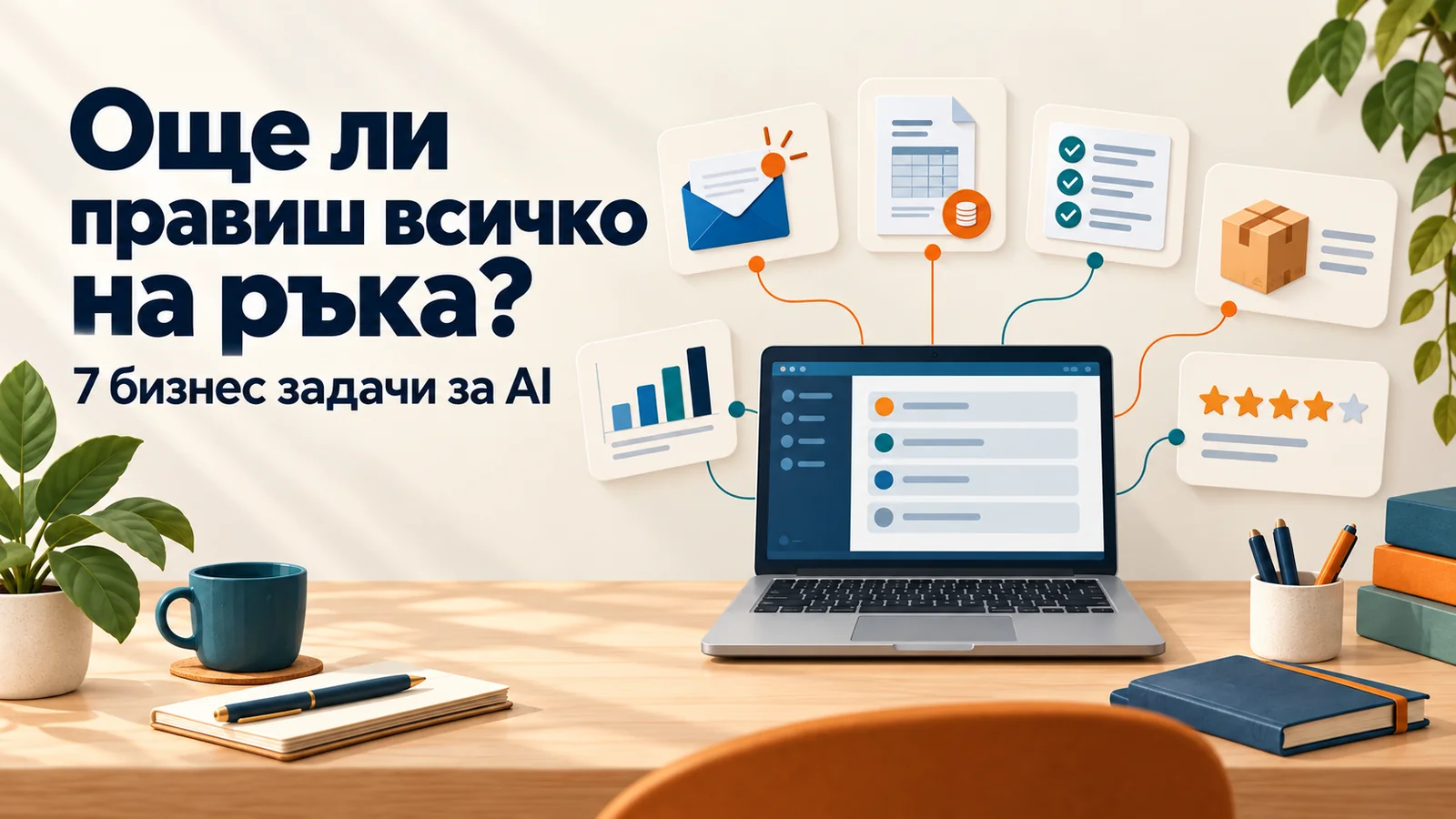 Лаптоп с икони на бизнес дейности и надпис „Още ли правиш всичко на ръка? 7 бизнес задачи за AI“.