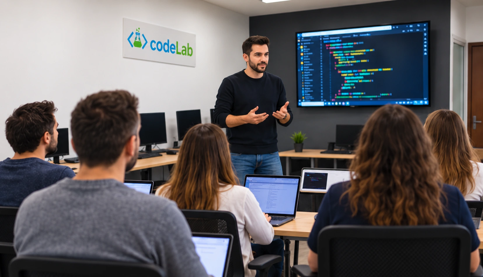 Преподавател и курсисти в учебната зала на codeLab