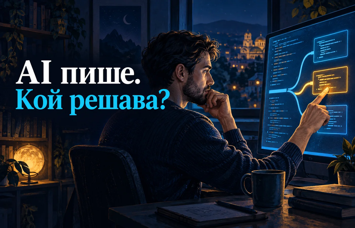 Замислен програмист пред екран с код и разклонени решения. Надпис: „AI пише. Кой решава?“